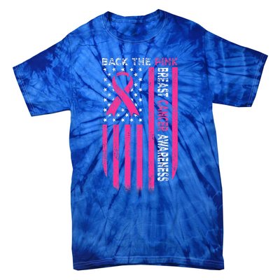 Back The Pink Ribbon American Flag Breast Cancer Awareness Tie-Dye T-Shirt