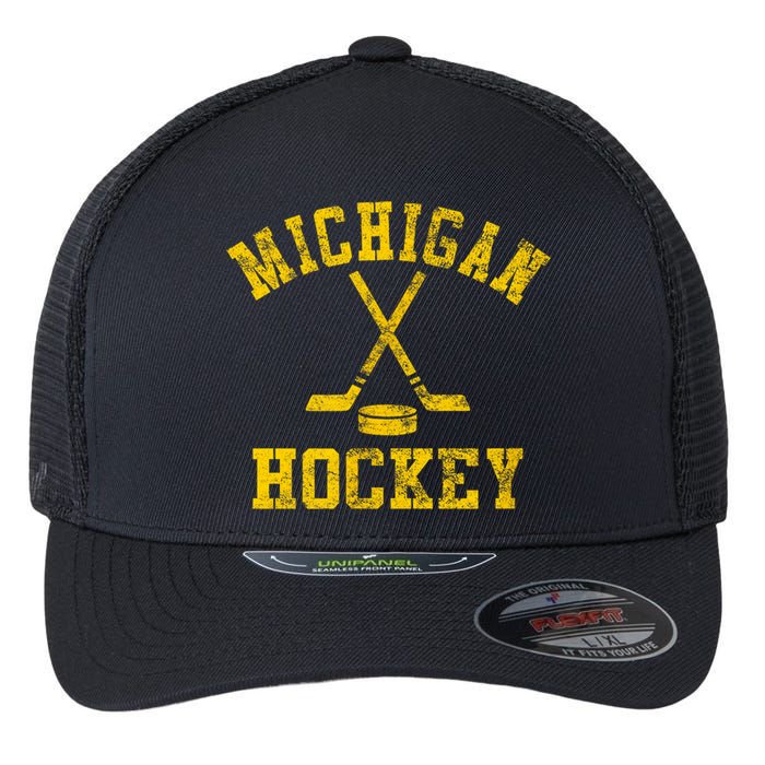 Born To Play Hockey Vintage Michigan Ice Hockey Gift Flexfit Unipanel Trucker Cap