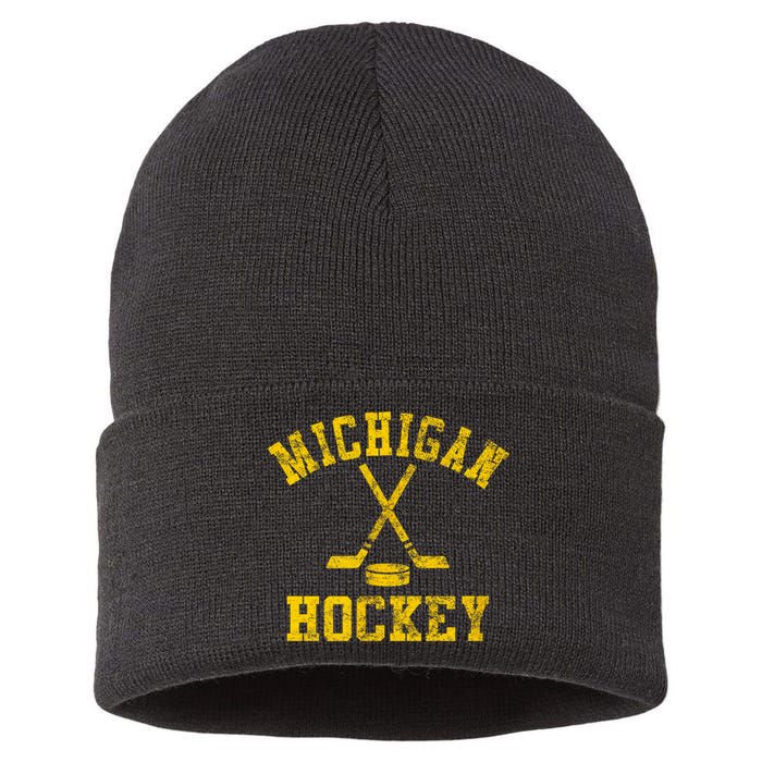 Born To Play Hockey Vintage Michigan Ice Hockey Gift Sustainable Knit Beanie