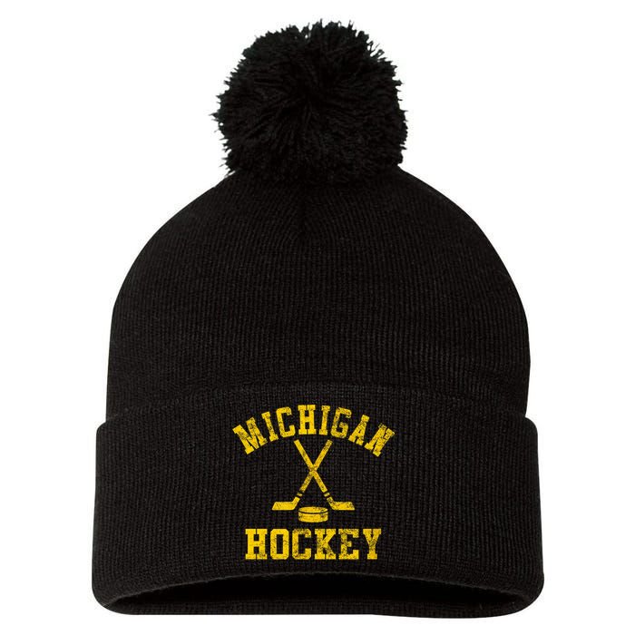 Born To Play Hockey Vintage Michigan Ice Hockey Gift Pom Pom 12in Knit Beanie