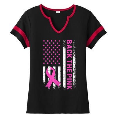 Back The Pink Breast Cancer Awareness American US Flag Ladies Halftime Notch Neck Tee