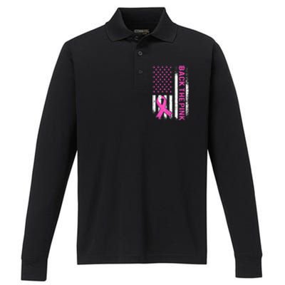 Back The Pink Breast Cancer Awareness American US Flag Performance Long Sleeve Polo