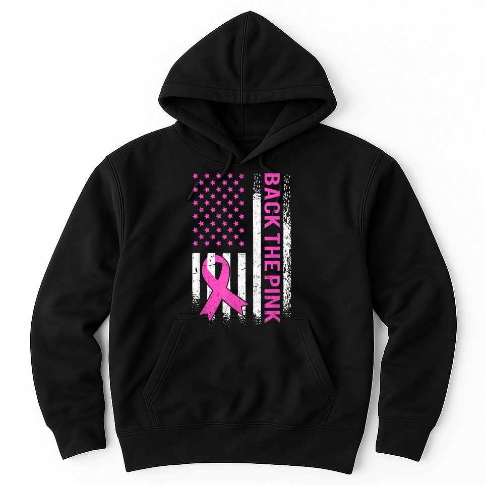 Back The Pink Breast Cancer Awareness American US Flag Hoodie