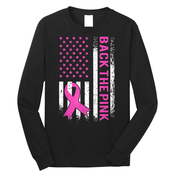 Back The Pink Breast Cancer Awareness American US Flag Long Sleeve Shirt