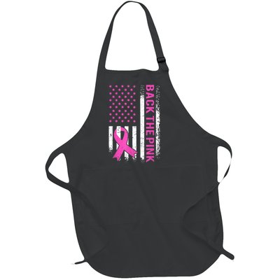 Back The Pink Breast Cancer Awareness American US Flag Full-Length Apron With Pockets