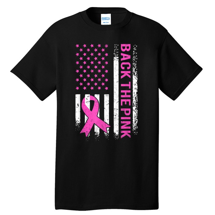 Back The Pink Breast Cancer Awareness American US Flag Tall T-Shirt