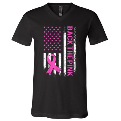 Back The Pink Breast Cancer Awareness American US Flag V-Neck T-Shirt