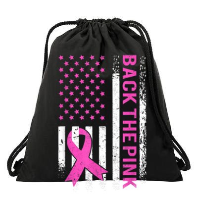 Back The Pink Breast Cancer Awareness American US Flag Drawstring Bag