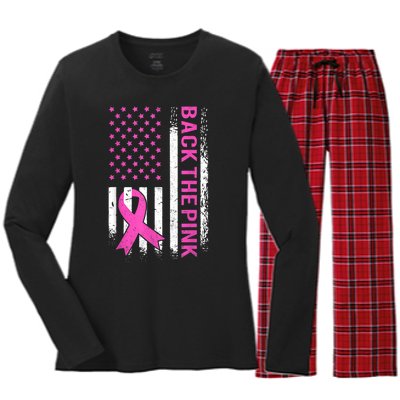 Back The Pink Breast Cancer Awareness American US Flag Women's Long Sleeve Flannel Pajama Set 