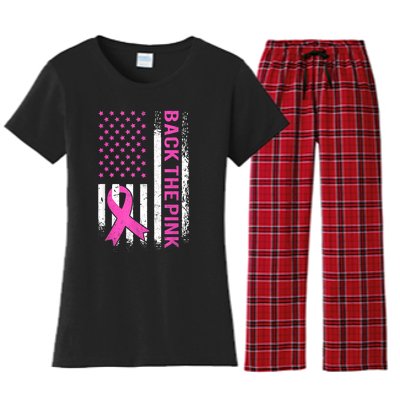 Back The Pink Breast Cancer Awareness American US Flag Women's Flannel Pajama Set