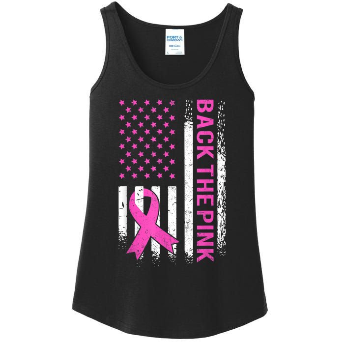 Back The Pink Breast Cancer Awareness American US Flag Ladies Essential Tank