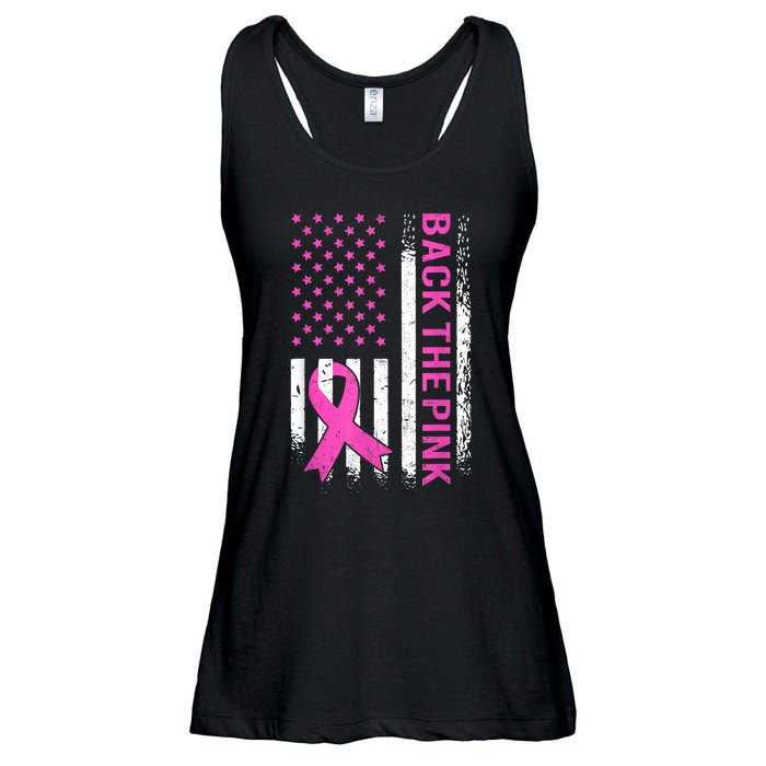 Back The Pink Breast Cancer Awareness American US Flag Ladies Essential Flowy Tank