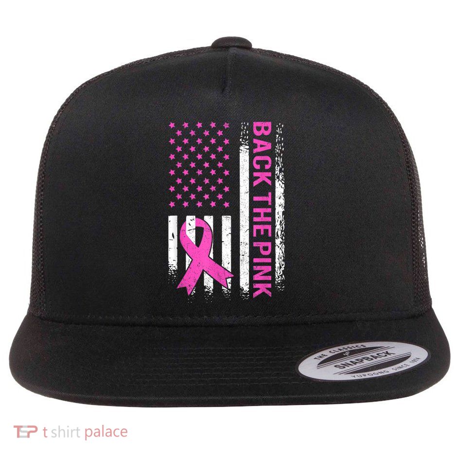 Back The Pink Breast Cancer Awareness American US Flag Flatbill Hat