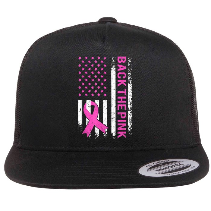 Back The Pink Breast Cancer Awareness American US Flag Flat Bill Trucker Hat