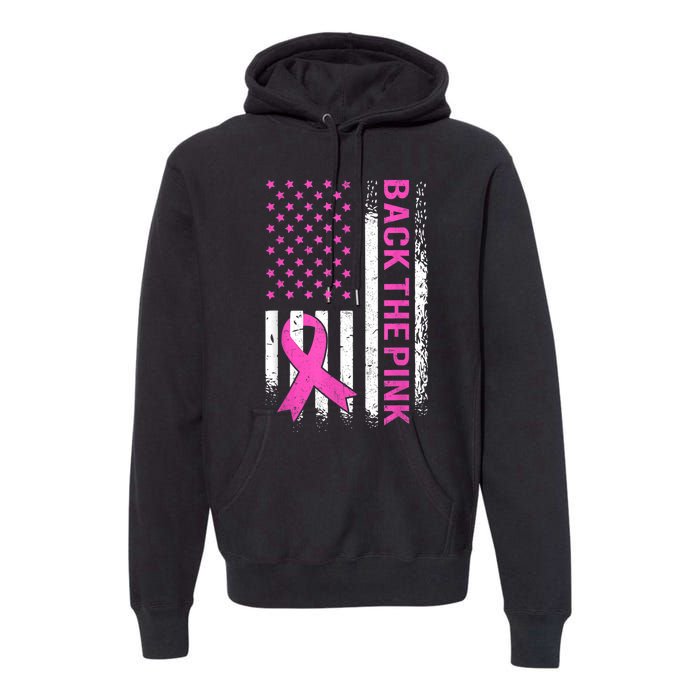 Back The Pink Breast Cancer Awareness American US Flag Premium Hoodie