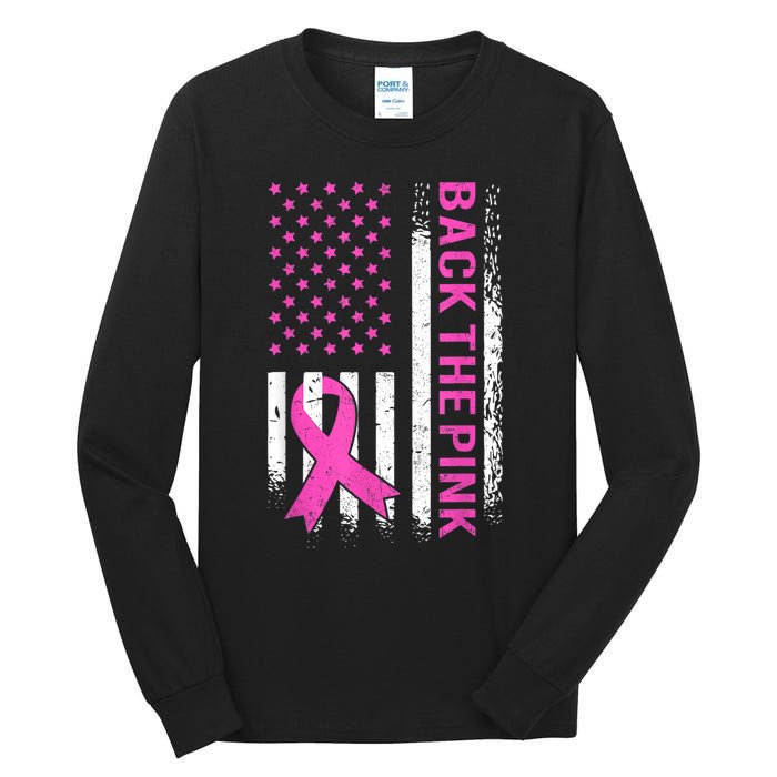 Back The Pink Breast Cancer Awareness American US Flag Tall Long Sleeve T-Shirt