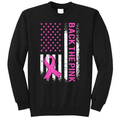 Back The Pink Breast Cancer Awareness American US Flag Tall Sweatshirt