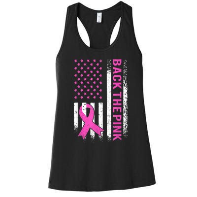 Back The Pink Breast Cancer Awareness American US Flag Women's Racerback Tank