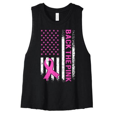 Back The Pink Breast Cancer Awareness American US Flag Women's Racerback Cropped Tank