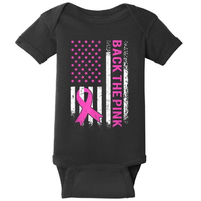 Back The Pink Breast Cancer Awareness American US Flag Baby Bodysuit