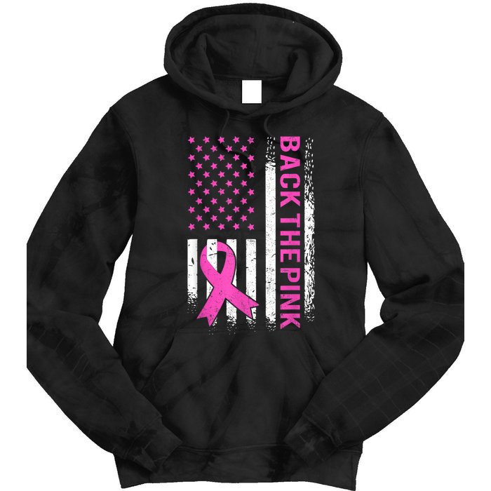 Back The Pink Breast Cancer Awareness American US Flag Tie Dye Hoodie