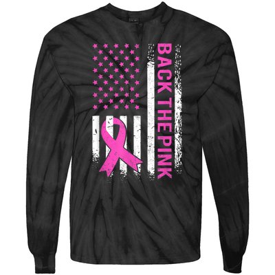 Back The Pink Breast Cancer Awareness American US Flag Tie-Dye Long Sleeve Shirt