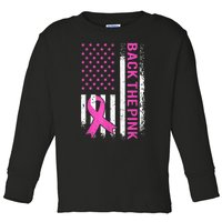 Back The Pink Breast Cancer Awareness American US Flag Toddler Long Sleeve Shirt