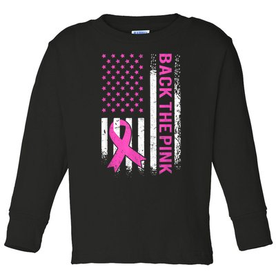 Back The Pink Breast Cancer Awareness American US Flag Toddler Long Sleeve Shirt