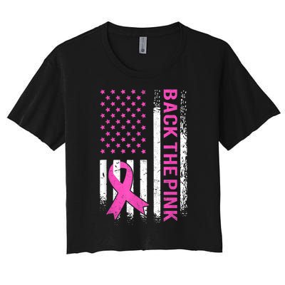 Back The Pink Breast Cancer Awareness American US Flag Women's Crop Top Tee