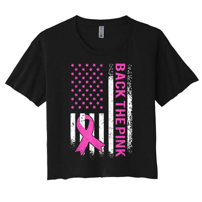 Back The Pink Breast Cancer Awareness American US Flag Women's Crop Top Tee