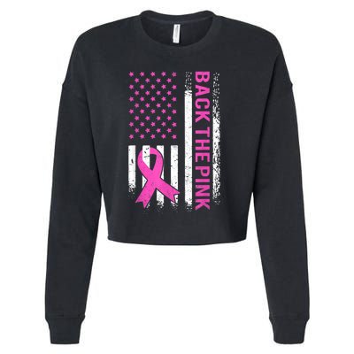 Back The Pink Breast Cancer Awareness American US Flag Cropped Pullover Crew