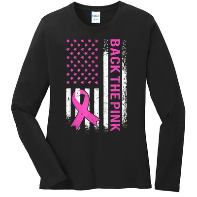 Back The Pink Breast Cancer Awareness American US Flag Ladies Long Sleeve Shirt