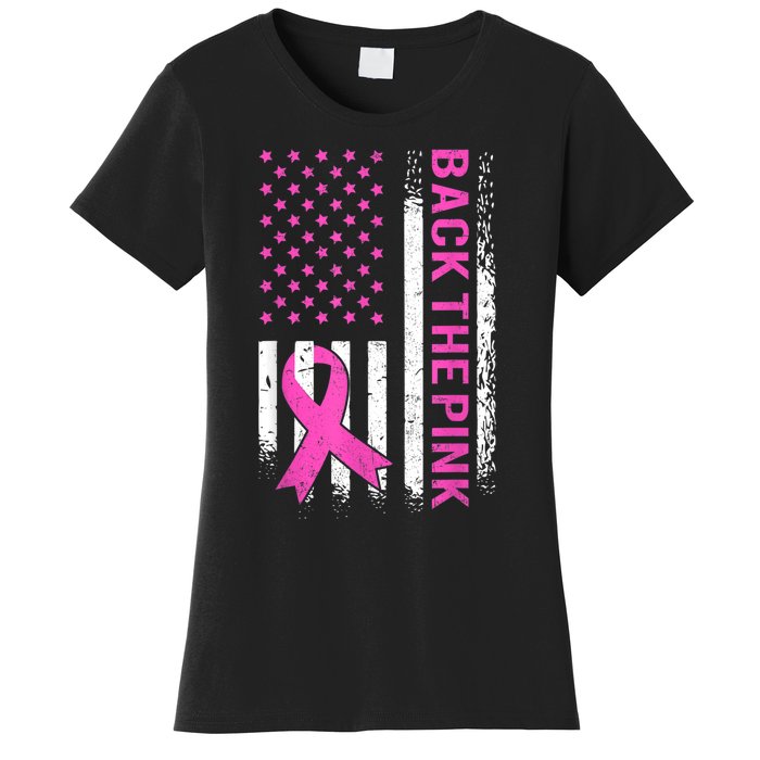 Back The Pink Breast Cancer Awareness American US Flag Women's T-Shirt