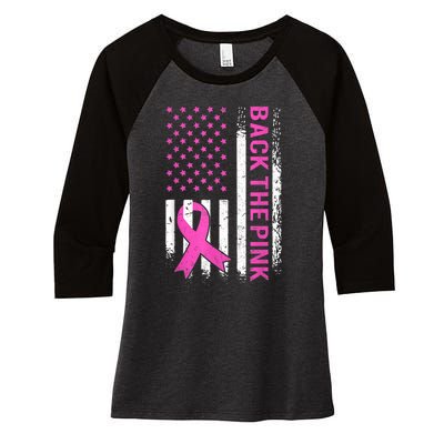 Back The Pink Breast Cancer Awareness American US Flag Women's Tri-Blend 3/4-Sleeve Raglan Shirt