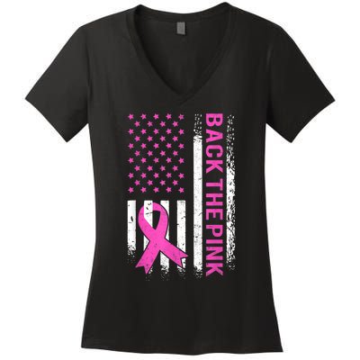 Back The Pink Breast Cancer Awareness American US Flag Women's V-Neck T-Shirt