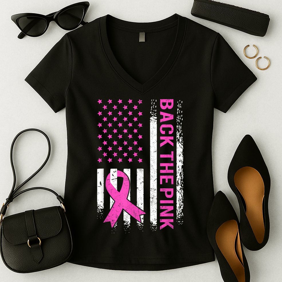 Back The Pink Breast Cancer Awareness American US Flag Women's V-Neck T-Shirt