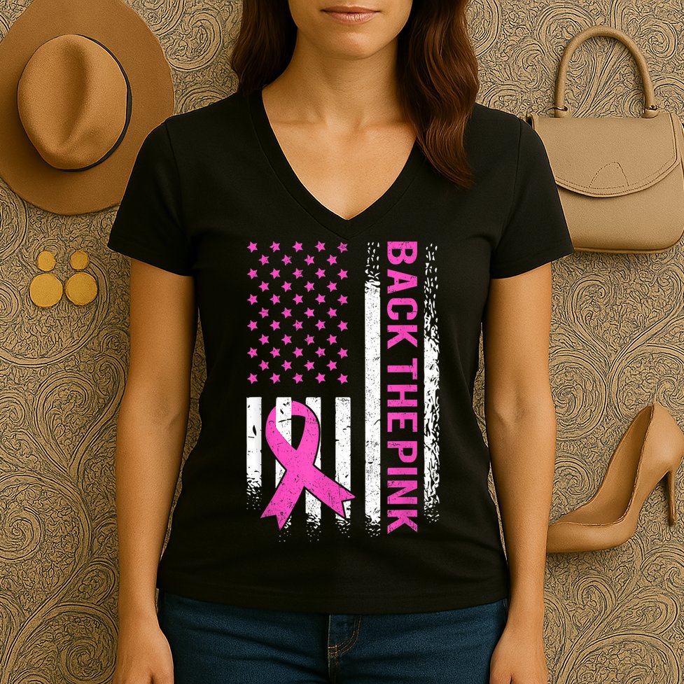 Back The Pink Breast Cancer Awareness American US Flag Women's V-Neck T-Shirt