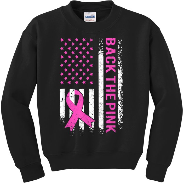 Back The Pink Breast Cancer Awareness American US Flag Kids Sweatshirt