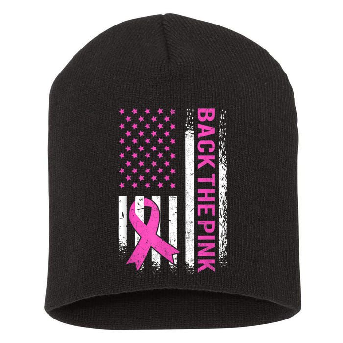 Back The Pink Breast Cancer Awareness American US Flag Short Acrylic Beanie