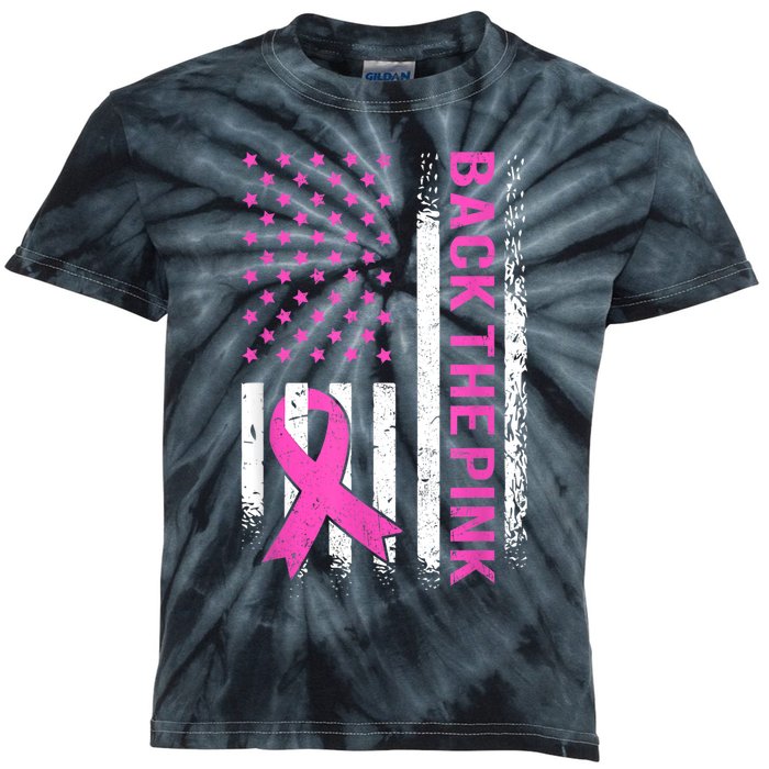 Back The Pink Breast Cancer Awareness American US Flag Kids Tie-Dye T-Shirt