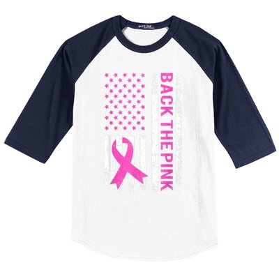 Back The Pink Breast Cancer Awareness American US Flag Baseball Sleeve Shirt