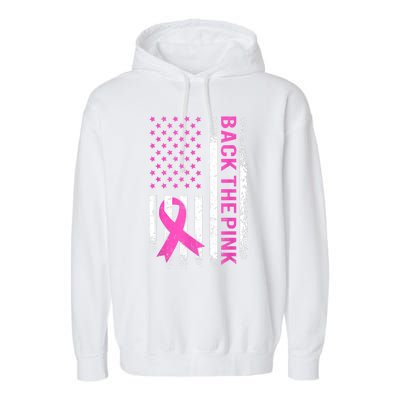 Back The Pink Breast Cancer Awareness American US Flag Garment-Dyed Fleece Hoodie