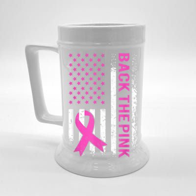 Back The Pink Breast Cancer Awareness American US Flag Beer Stein