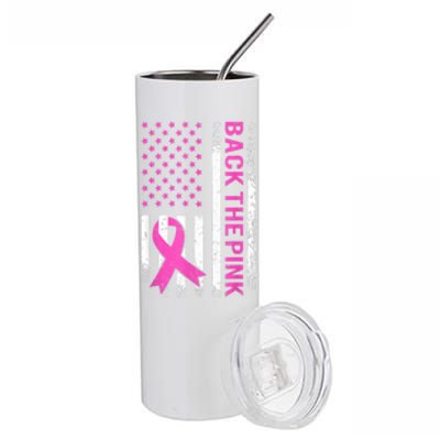 Back The Pink Breast Cancer Awareness American US Flag Stainless Steel Tumbler