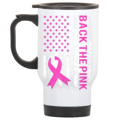 Back The Pink Breast Cancer Awareness American US Flag Stainless Steel Travel Mug