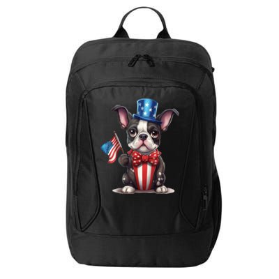 Boston Terrier Puppy Dog Holds His American Flag 4th Of July City Backpack