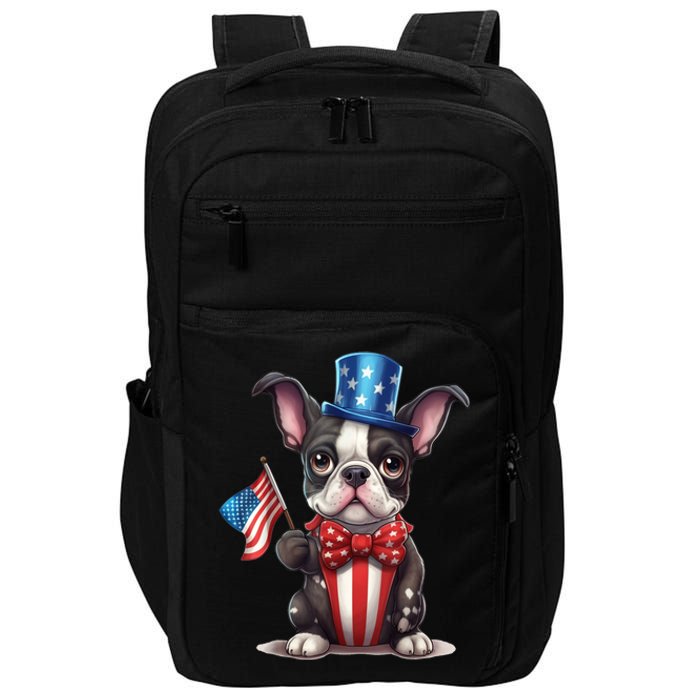 Boston Terrier Puppy Dog Holds His American Flag 4th Of July Impact Tech Backpack