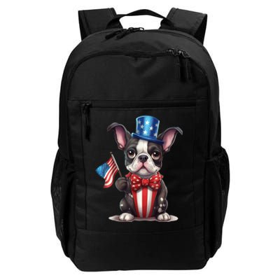 Boston Terrier Puppy Dog Holds His American Flag 4th Of July Daily Commute Backpack