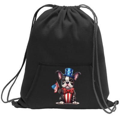 Boston Terrier Puppy Dog Holds His American Flag 4th Of July Sweatshirt Cinch Pack Bag