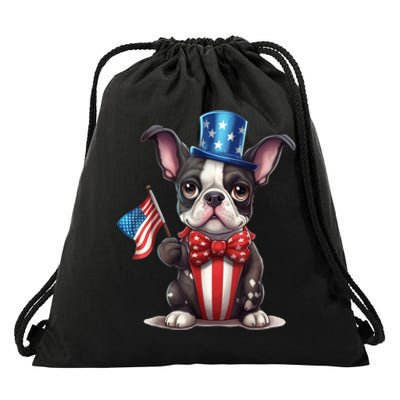 Boston Terrier Puppy Dog Holds His American Flag 4th Of July Drawstring Bag